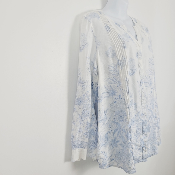 Soft Surroundings White Blue Floral Paisley 100% Linen Pleated Shirt - Picture 4 of 7